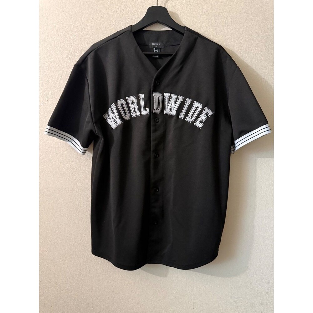 FOREVER 21 Men's Baseball Jersey WORLDWIDE Black Button-Up Size L